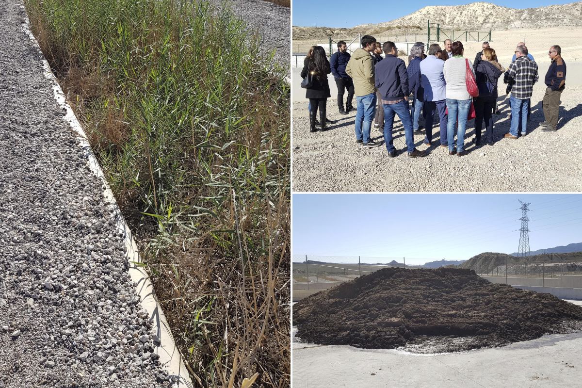 Imágenes de la visita, de los purines y del humedal de la planta de gestión de residuos ganaderos.